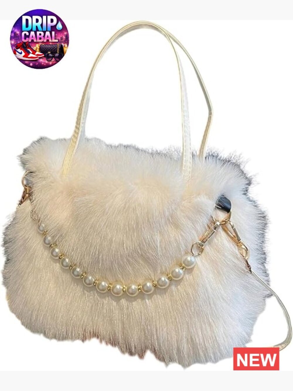 Faux Fur Fuzzy Satchel Handbag with Pearl Strap Crossbody Shoulder Bag